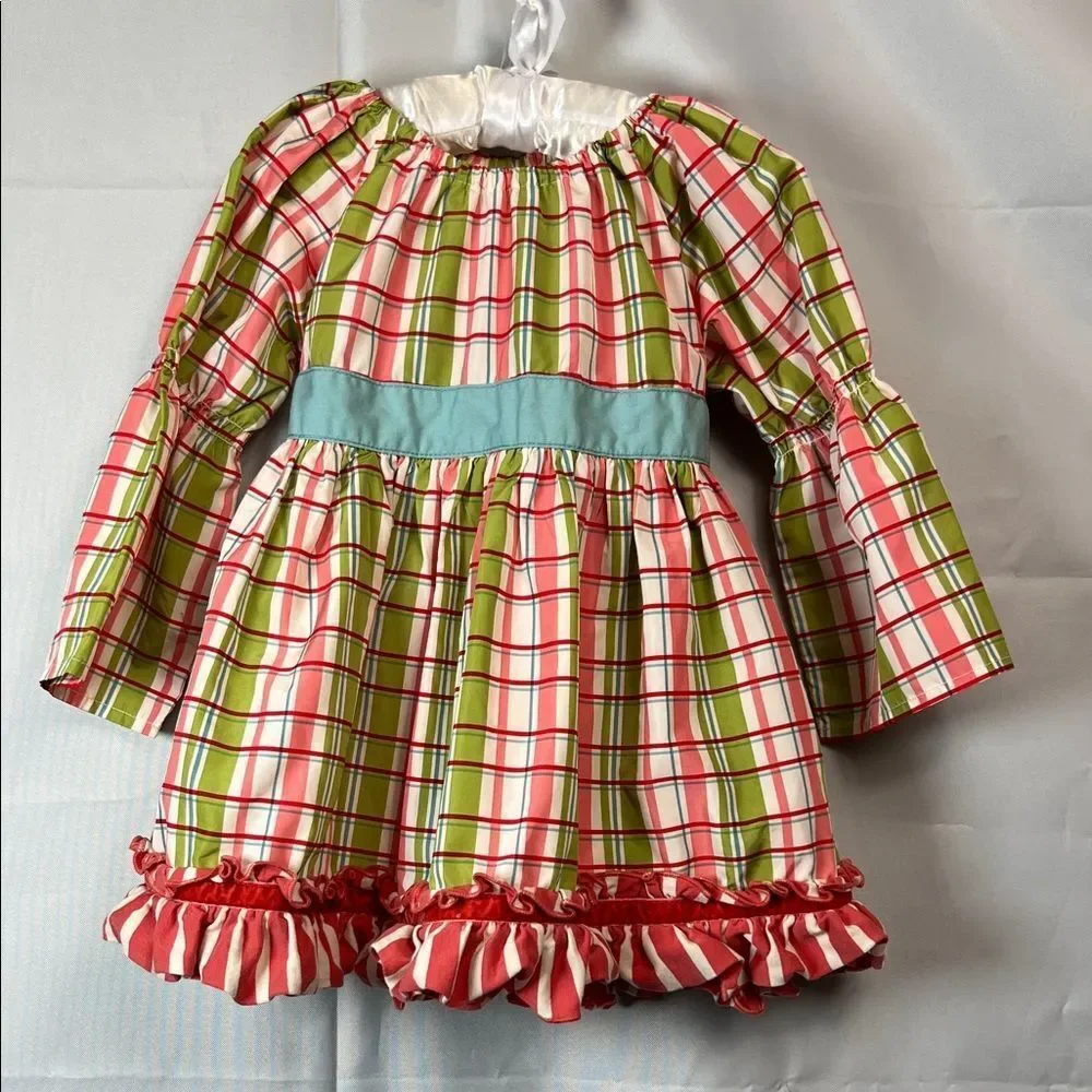Matilda Jane Secret Fields green and pink plaid peasant top teal sash size 4